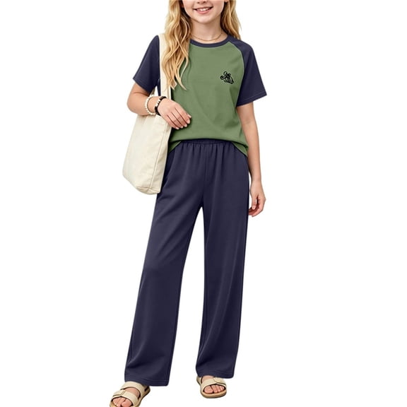 Amidoa Toddler Girls 2 Piece Outfits Summer Clothes T Shirt Cute Solid Color Ruffle Sleeve Short Sleeves Casual Pants Kids Clothing Sets Navy Size 3T