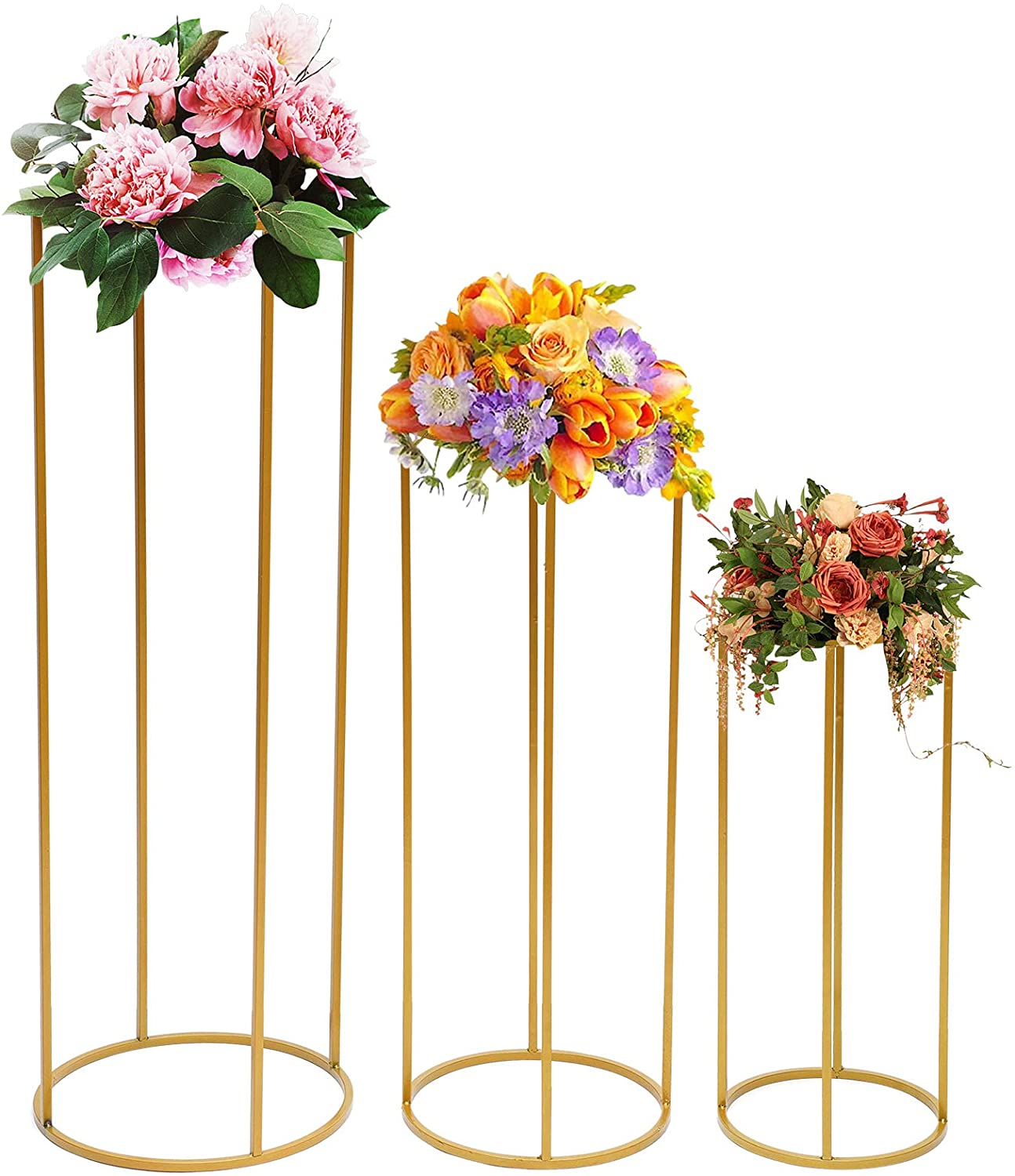 Oukaning 3Pcs Flower Stand Metal Round Wedding Flower Vase Column Stand