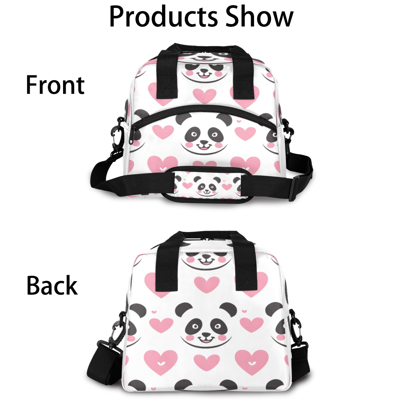 Herdesigns Cute Pandas Insulated Lunch Bag for Women Men Adults Large Reusable Lunch Box Pink Heart Leakproof Cooler Tote Bags with Adjustable Shoulder Strap
