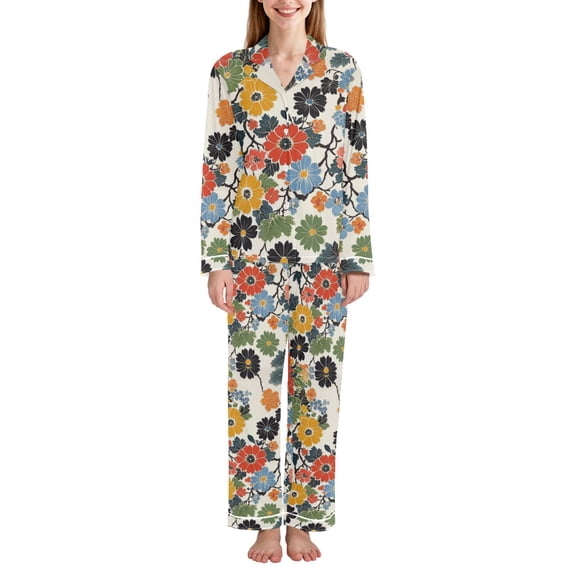 FORMRS Womens Pajama Set Long Sleeve Top and Pants with Pockets Soft Comfy Lounge Sleepwear, Sizes S-2XL, Black Flowers Pattern