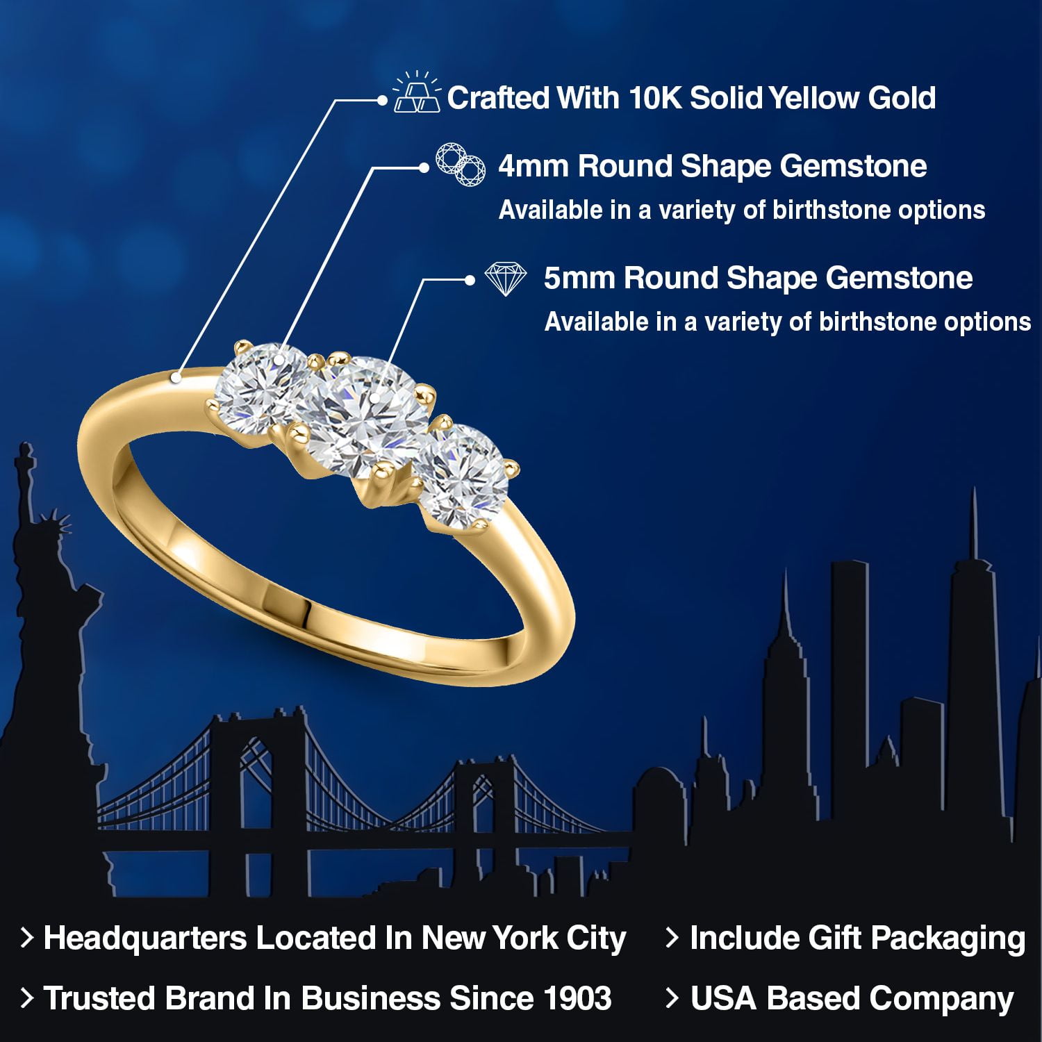 Gem Stone King 10K Yellow Gold Lab Grown Diamond 3-Stone Engagement Ring for Women | 1.04 Cttw | Round 5MM | Gemstone April Birthstone | DEF Color | VVS-VS Clarity | Size 5, 6, 7, 8, 9 | Size 7