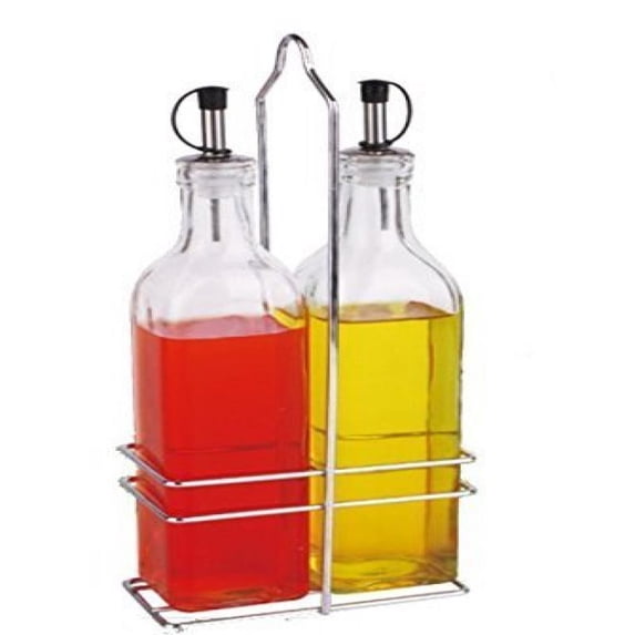 Europe Ware 3 pc Oil & Vinegar Cruet Set With Chrome Stand 8.5 ounce