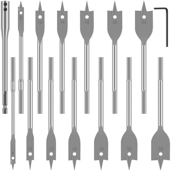 15Pcs Spade Drill Bit Set 6mm-25mm Carbon Steel Paddle Flat Bit Set with Connection Rod and Wrench High Hardness Wood Hole Cutter Bit Assortment for Woodworking Drilling
