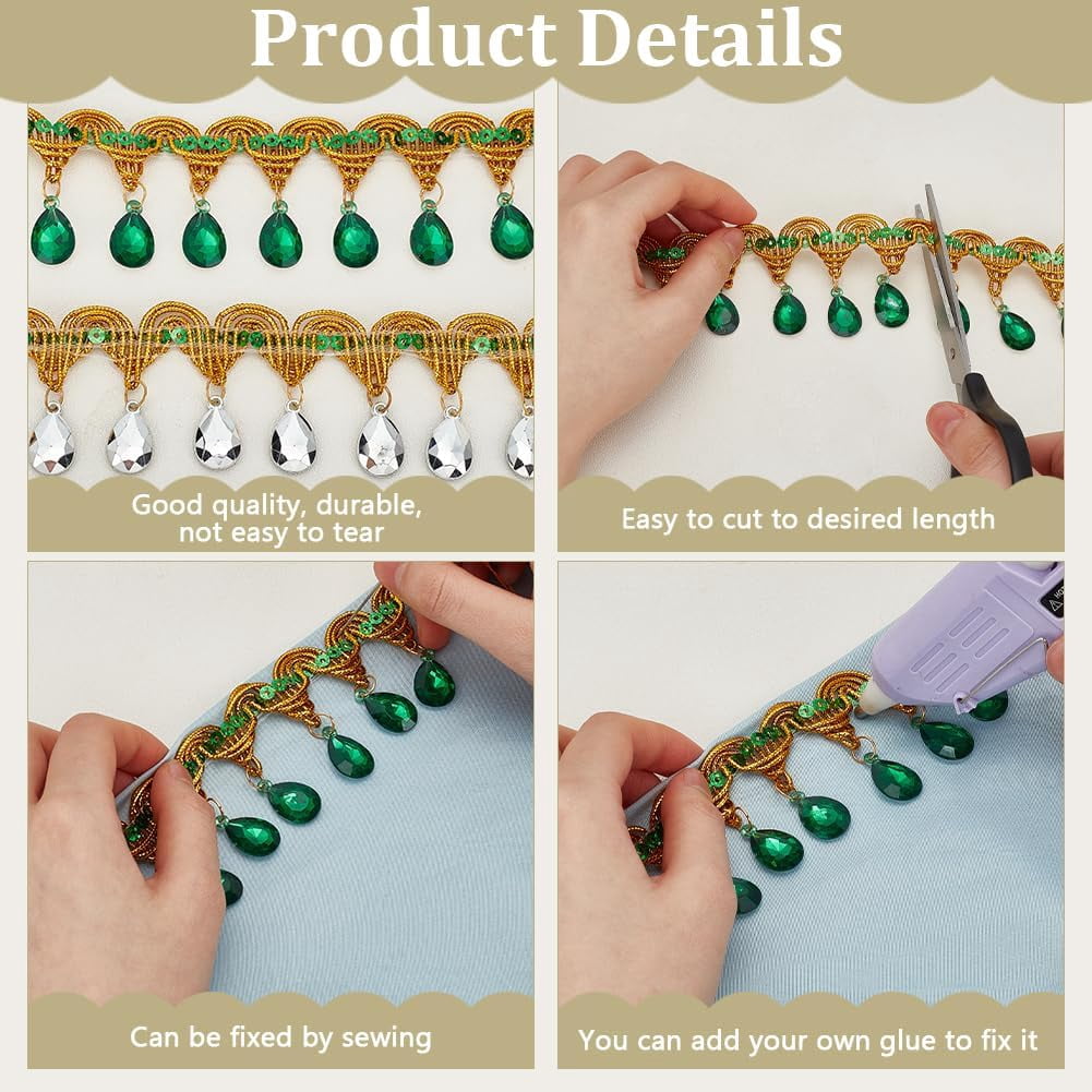 1pc 9m Hanging Beads Fringe Lace (48.5mm) Wide Green Rhinestone Bead Fringe Trim Polyester Sewing Fringe Tassel Trim by The yard for Handmade DIY Clothing Curtain Decor
