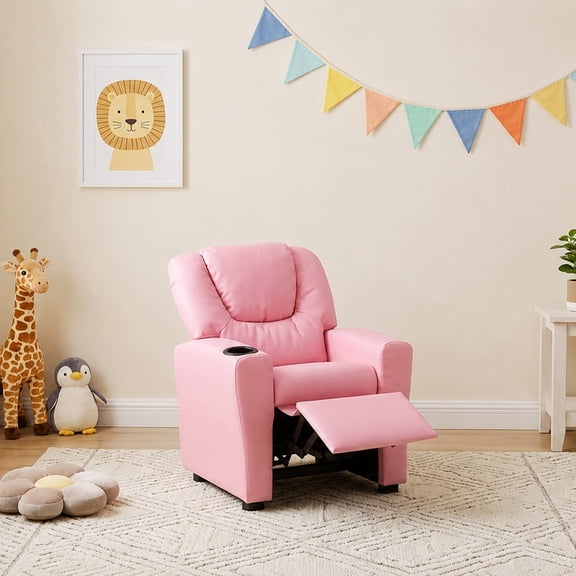 Naomi Home Suri Kids Recliner Chair for Toddlers Ages 3–5, Adjustable Reclining Chair for Kids with Push-Back Recline, Cup Holder, Footrest, Solid Hardwood Frame, 150 lb Capacity, Pink