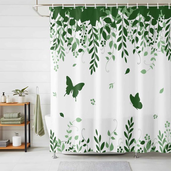 Shower Curtain Butterfly Leaf Shower Curtains for Bathroom Decor, Waterproof Polyester Shower Curtain Set with Hooks, Small Stall Size 36" x 72" Green Plant Silhouette