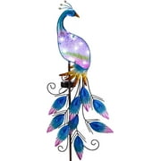Teresa's Collections Garden Decor Purple Peacock with Solar Outdoor Lights for Outside, 40" Glass Yard Art for Outdoor Decor, Decorative Mental Stake for Yard Decor, Gifts for Mothers Day