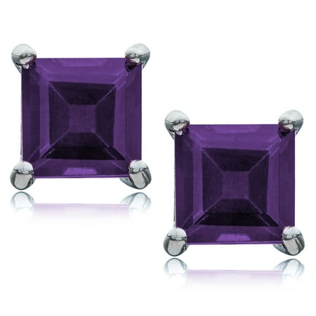 Rhodium Plated Sterling Silver Basket Sets Stud Earrings Princess Cut Genuine Purple Amethyst 5x5mm