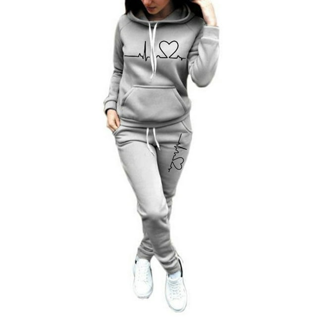 Fashnice Survêtements pour Femmes Manches Longues Ensemble 2 Pcs Ensemble de Jogging à Capuche Chaud Gris Clair TP