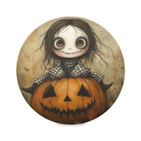

WOBOGO A Lass Sitting on Pumpkin Round Placemats Set of 1 Heat Resistant Washable Kitchen Table Decorations 15.4in