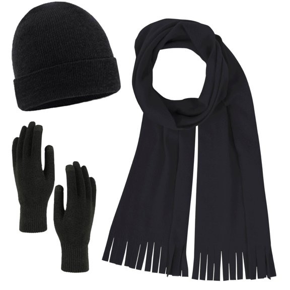 Trailmaker Adult Winter Gear Set – 3 Piece Unisex Beanie Hat, Gloves, Scarf in Black