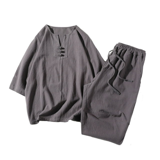 Two Piece Pants Sets Mens Two Piece Solid Cotton Linen 3/4 Sleeve V Neck Tops and Shorts Set