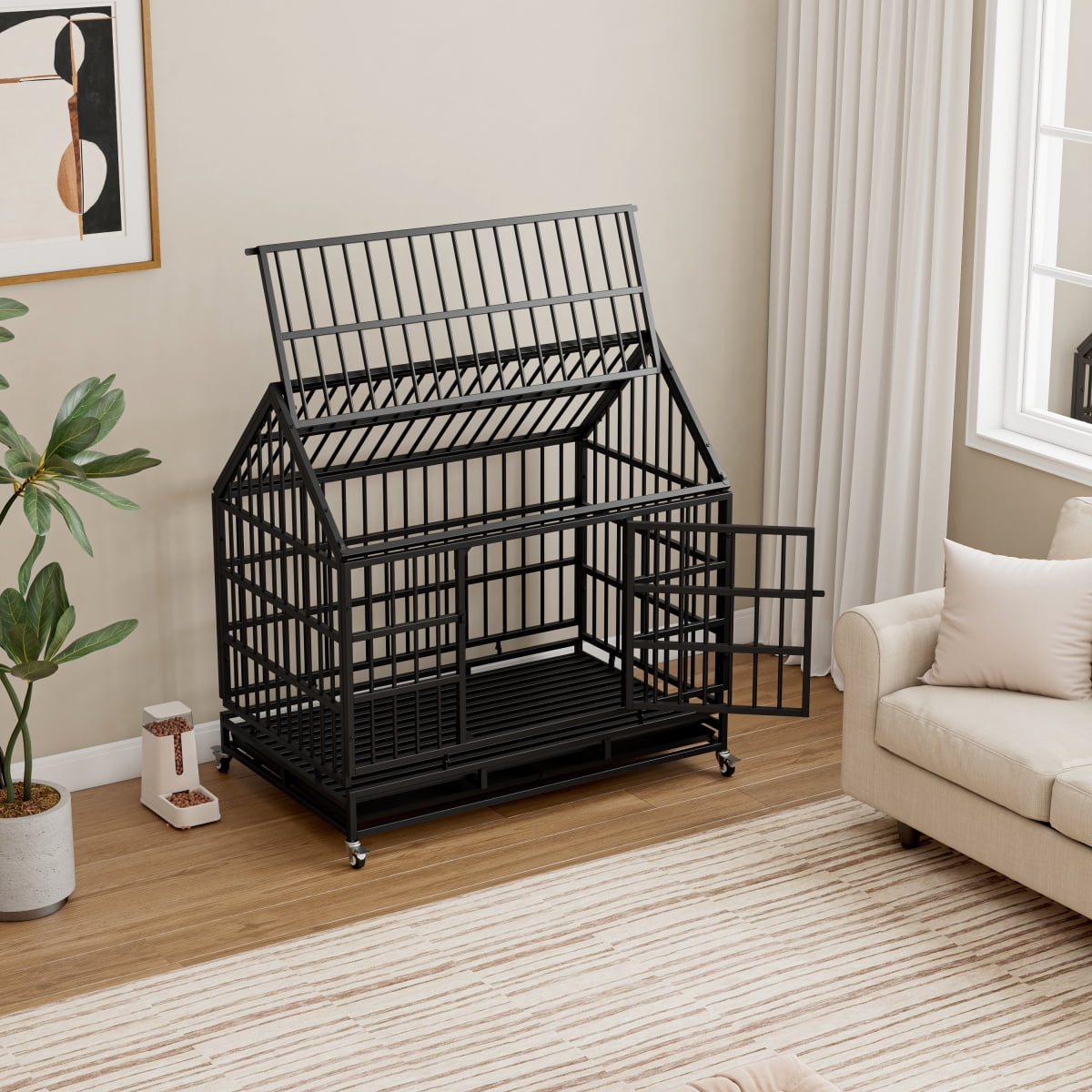 Black 48 Inch Heavy Duty Folding Dog Crate with Wheels Removable Tray