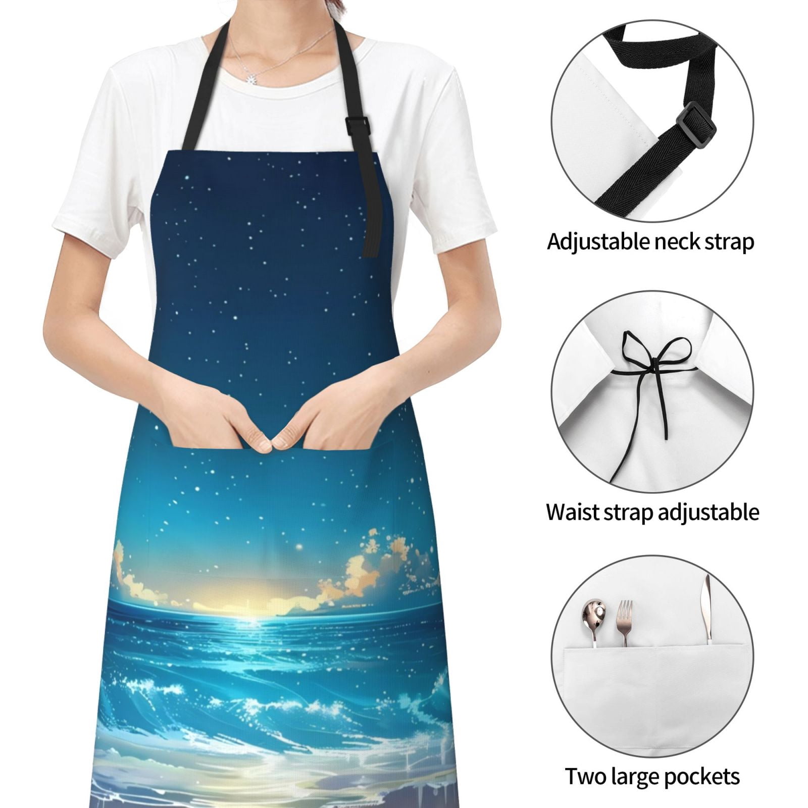 Kdxio Night Sky Beach Scene Apron with Pockets Adjustable Kitchen Aprons for Men Women Waterproof Aprons for Cooking,Drawing,Crafting, Baking Household Cleaning