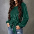 thumbnail image 5 of Asxite Women Fall Winter Tops Round Neck Long Sleeve Velvet Drawstring Detail Solid Fashion Shirts, 5 of 6