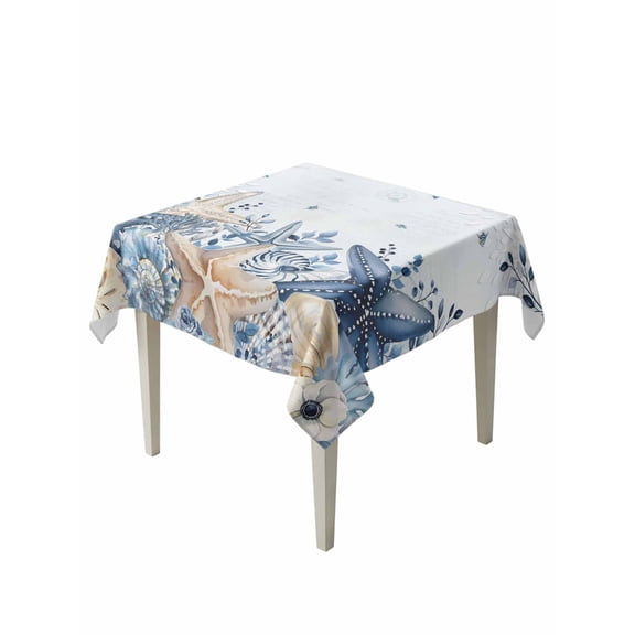 Blue Starfish Coastal Table Cloth, Waterproof Tablecloth for Square Tables, Eucalyptus Summer Nautical Shell Reusable Washable Fabric Table Cover for Restaurant Kitchen Dining Tables 54"x54"