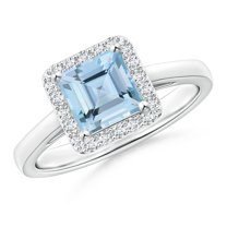 ANGARA Natural Classic Square Aquamarine Halo Ring in 14K White Gold for Women (Size-6mm) | March Birthstone, Birthday, Anniversary, Jewelry Gift for Women | Natural Aquamarine Ring