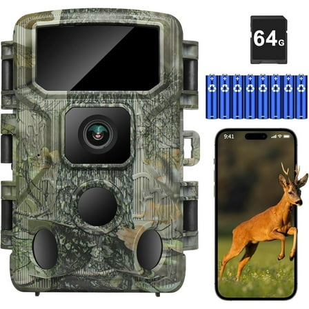 KJK Trail Camera,WiFi Trail Cam 4K 64MP Game Camera 64GB Memory Card 8 Batteries with Night Vision, IP67 Waterproof, 0.05s Trigger Speed and 130°Wide-Angle 45pcs Infrared LEDs for Wildlife Monitoring