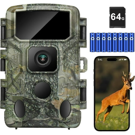 KJK Trail Camera WiFi Trail Cam 4K 64MP Game Camera 64GB Memory Card 8 Batteries with Night Vision IP67 Waterproof 0.05s Trigger Speed and 130°Wide-Angle 45pcs Infrared LEDs for Wildlife Monitoring