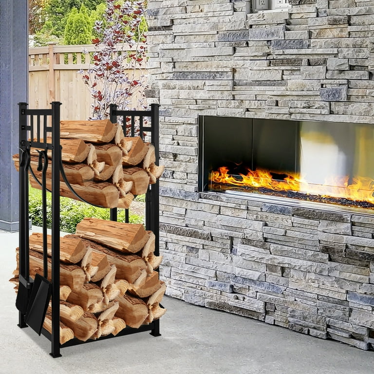 Amagabeli 31.6in Large Firewood Rack Fireplace Rack Indoor Bin Log Holder with Fireplace Tool Rack Tall Wood Log Rack Fireside Outdoor Lumber Storage