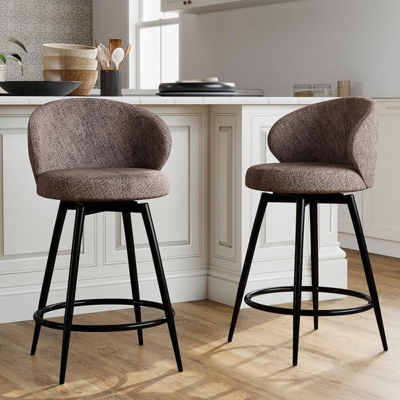 Bar Stools Set of 2, 360° Swivel Breathable Fabric Kitchen Counter Height Stools, 26" Upholstered Bar Chair for Kitchen Islands, Restaurant, Brown
