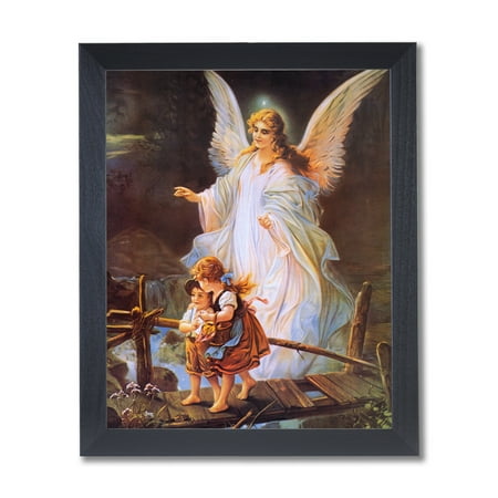 Guardian Angel Picture Frame - Guardian Angel Children On Bridge Religious Wall Picture Black Framed Art Print