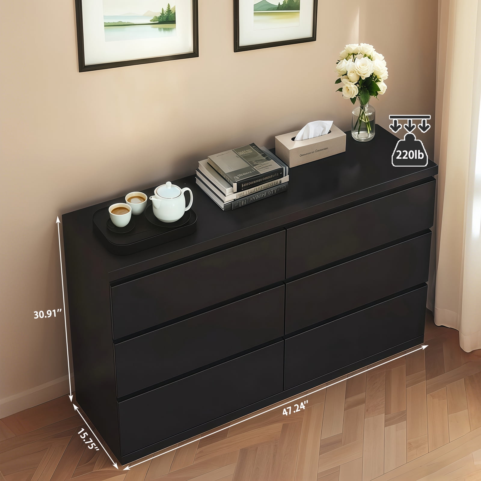 TrumanPick Black Dresser 6 Drawer Wood Dresser for Bedroom 47"W Chest of Drawers for Living Room, 16"D x 31"H