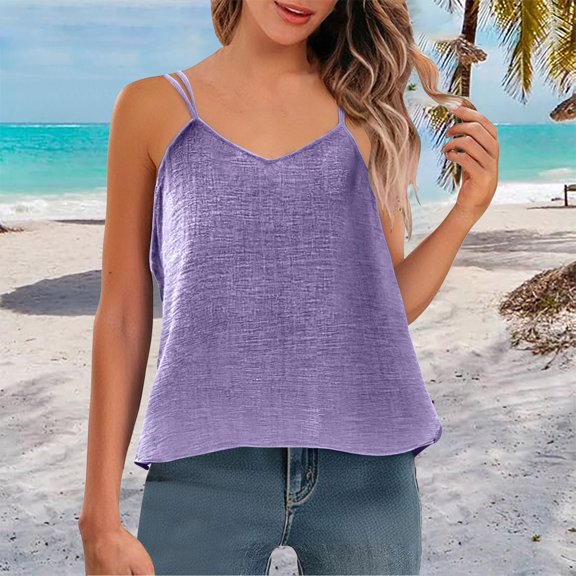 V Neck Tank Tops for Woman Cotton Linen V-Neck Camisole Top - Slim Strap Summer Tank Tops