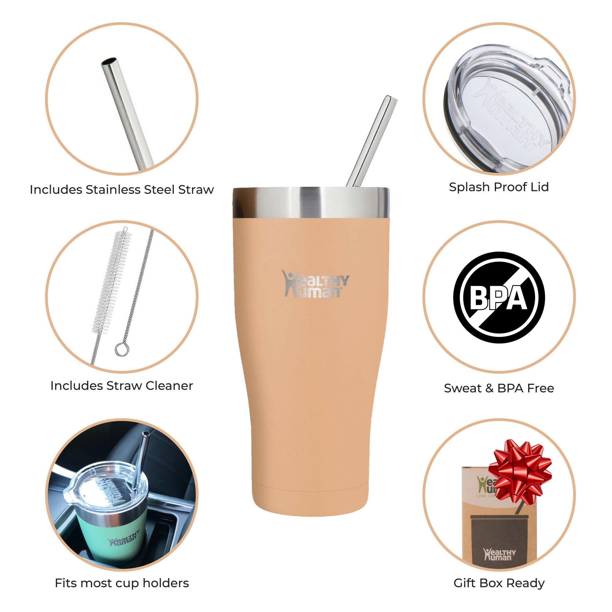 Healthy Human Stainless Steel Tumbler with Straw & Lid | Splash Proof Insulated Travel Cup | Eco-Friendly Coffee Tumblers | Straw Cleaner and Splash Proof Lids (32oz, Papaya)