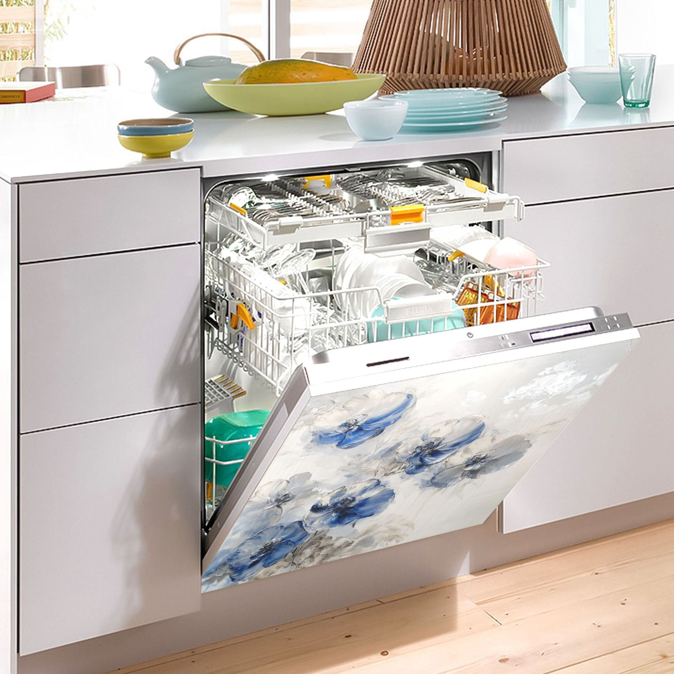 Dishwasher Magnetic Sticker 23x26 Inch Refrigerator Magnetic Sticker Washing Machine Magnetic Sticker Kitchen Panel Magnetic Sticker Home Decor Blue Watercolor Flowers
