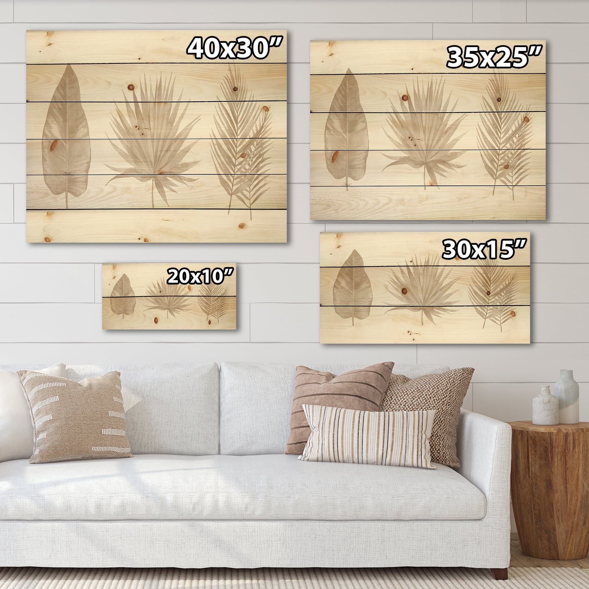 Designart 'Tropical Beiges Leaves On White' Traditional Print on Natural Pine Wood