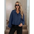 thumbnail image 4 of Women Casual Stand Collar Zip Up Fashion Hem Drawstring Pocket Loose Baseball Jacket with Pockets Navy Blue L, 4 of 9