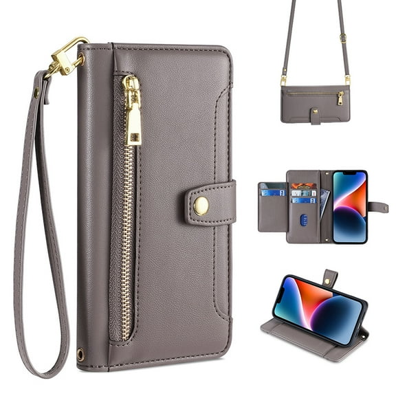 Zipper Wallet Case for Samsung Galaxy A34 5G, Crossbody Lanyard Shoulder Strap & Wrist Hand Strap Handbag Cover, Premium Leather 6 Card Slots Holder Kickstand Magnetic Flip Folio Case,Gray