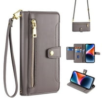Compatible with Motorola Moto G Power 5G 2024, Zipper Purse Shoulder Strap & Wrist Strap Card Slots Kickstand PU Leather Wallet Case Rugged Magnetic Closure for Motorola Moto G Power 5G 2024, Gray