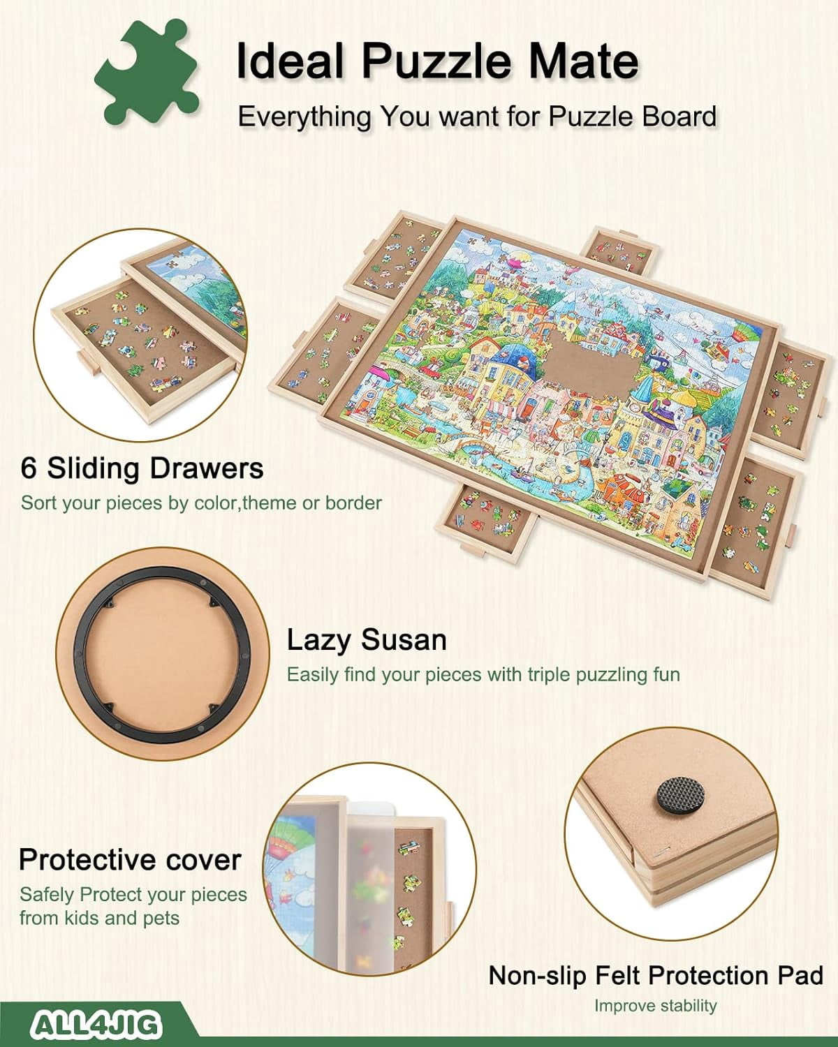 2000 Pieces Rotating Puzzle Board with 6 Drawers and Cover,28"x40"Portable Wooden Jigsaw Puzzle Table for Adults,Lazy Susan Spinning Puzzle Boards Birthday Gift for mom