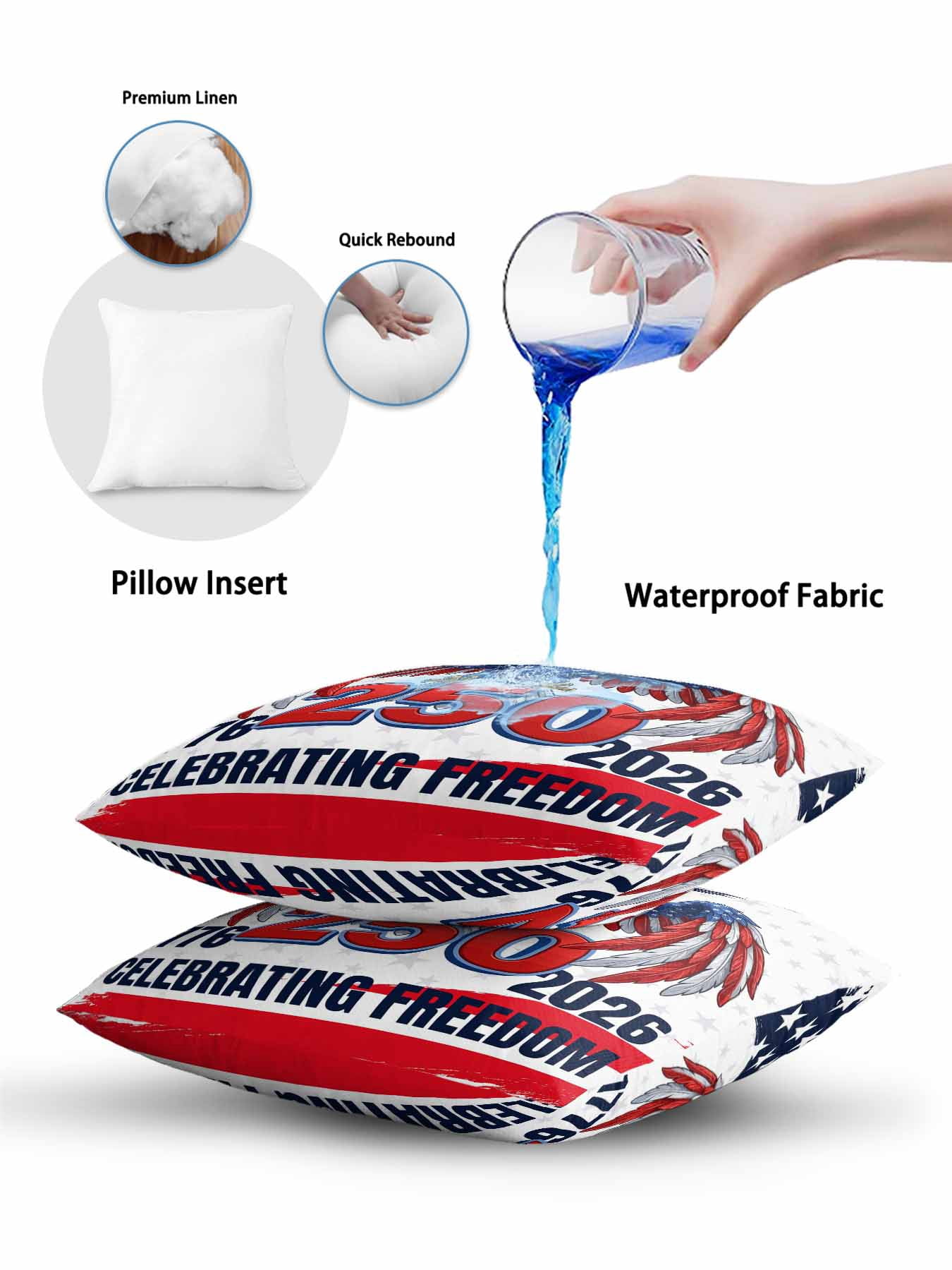 1 Pack Outdoor Throw Pillow, 250 Year American Anniversary Flag Waterproof Pillow with Insert Included, Eagle Red Blue Decorative Accent Cushion Sofa Pillows for Patio Porch, 16 x 16 In