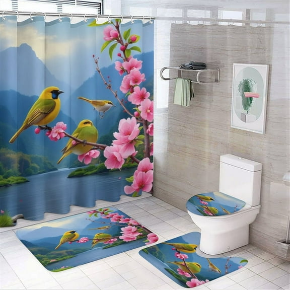 Birds on Cherry Blossom Branch Shower Curtain Bathroom Sets Toilet Lid Rug, Bath Mat And Contour Mat, Shower Curtain 4Pcs