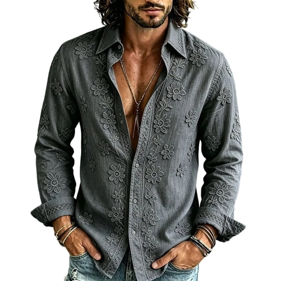 Men Floral Print Button up Shirts Casual Long Sleeve Slim Fit Blouse with Pocket Lightweight Bohemian Clothes