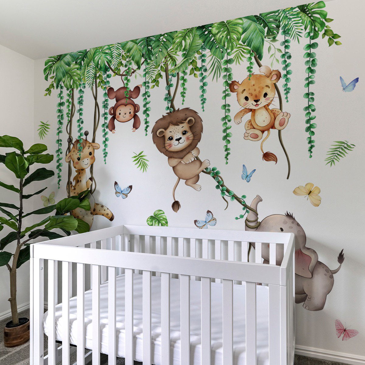 Jungle Animal Tree Branch Wall Decals tree wall decals plant wall Stickers Safari Animal Monkey Lion Wall Stickers DIY Peel and Stick Baby Nursery Kids Bedroom Living Room Wall Decor