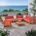 thumbnail image 2 of GDF Studio Isabella Outdoor 9 Seater Acacia Wood Sectional Sofa Set, Teak and Red, 2 of 13