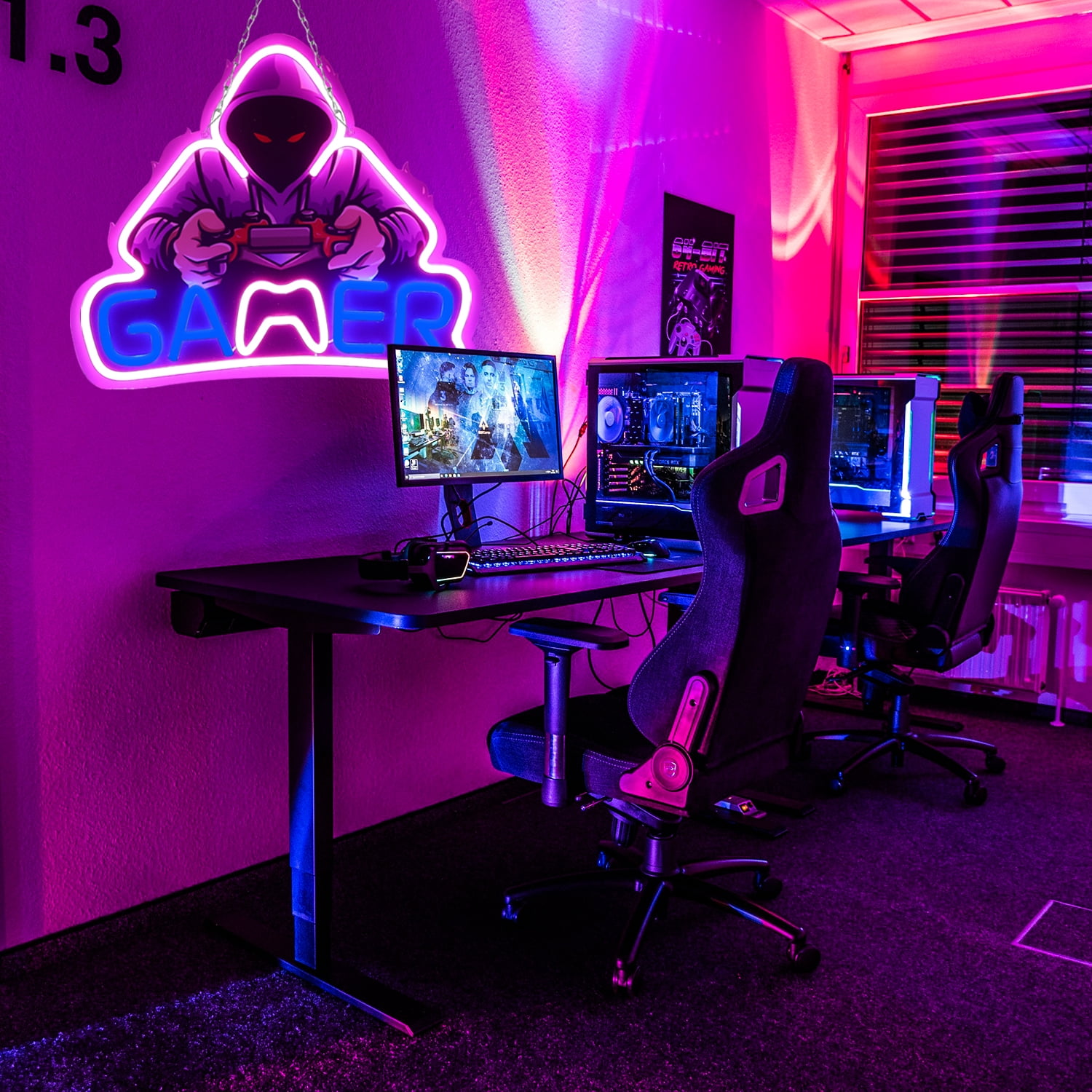 JFLLamp LED Neon Sign Gaming Theme Light Purple Blue Wall Decor USB Powered Acrylic Backboard Hanging Light for Room Setup