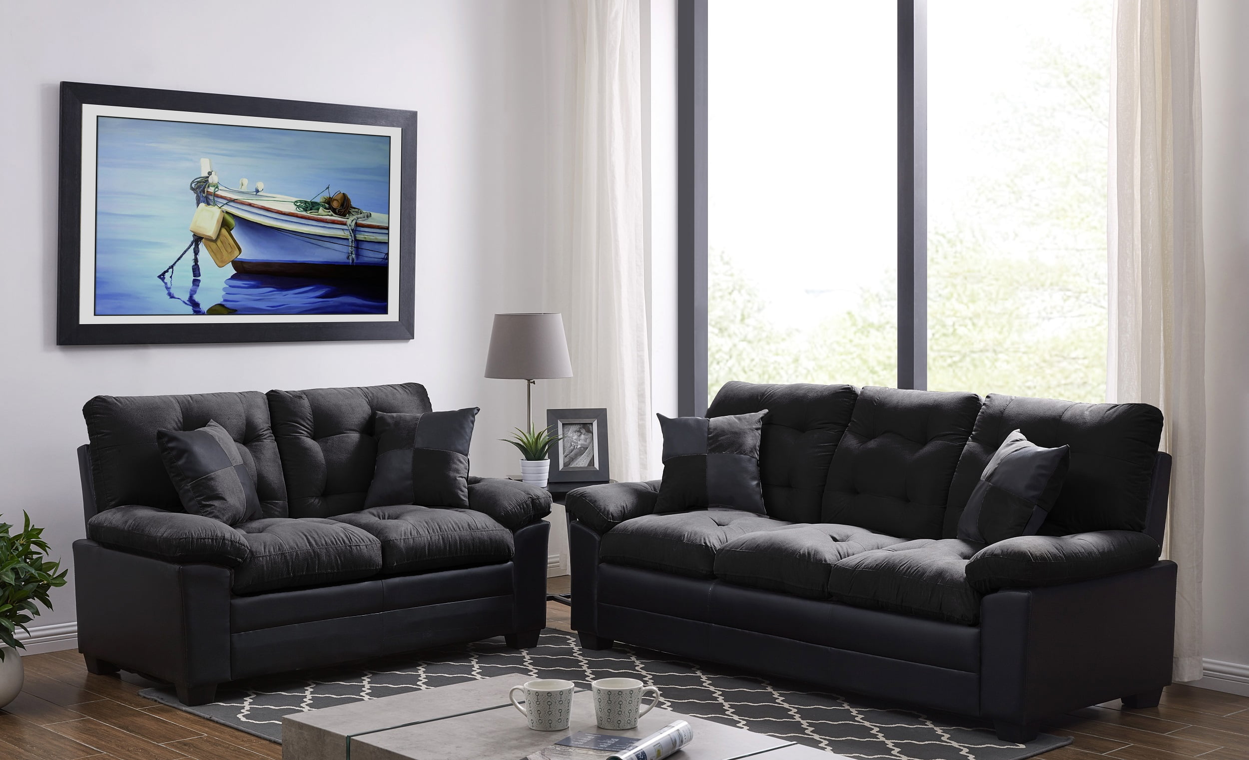 Living Room Simple Classic Plush Cushion Sofa And Loveseat