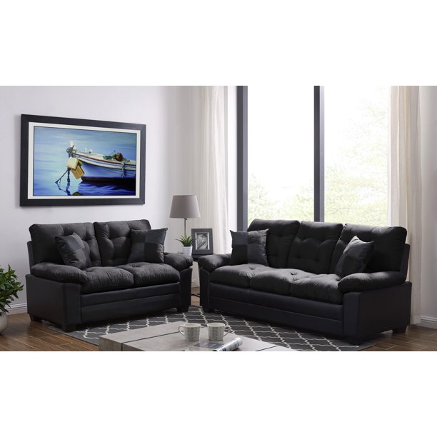 Living Room Simple Classic Plush Cushion Sofa And Loveseat Microfiber