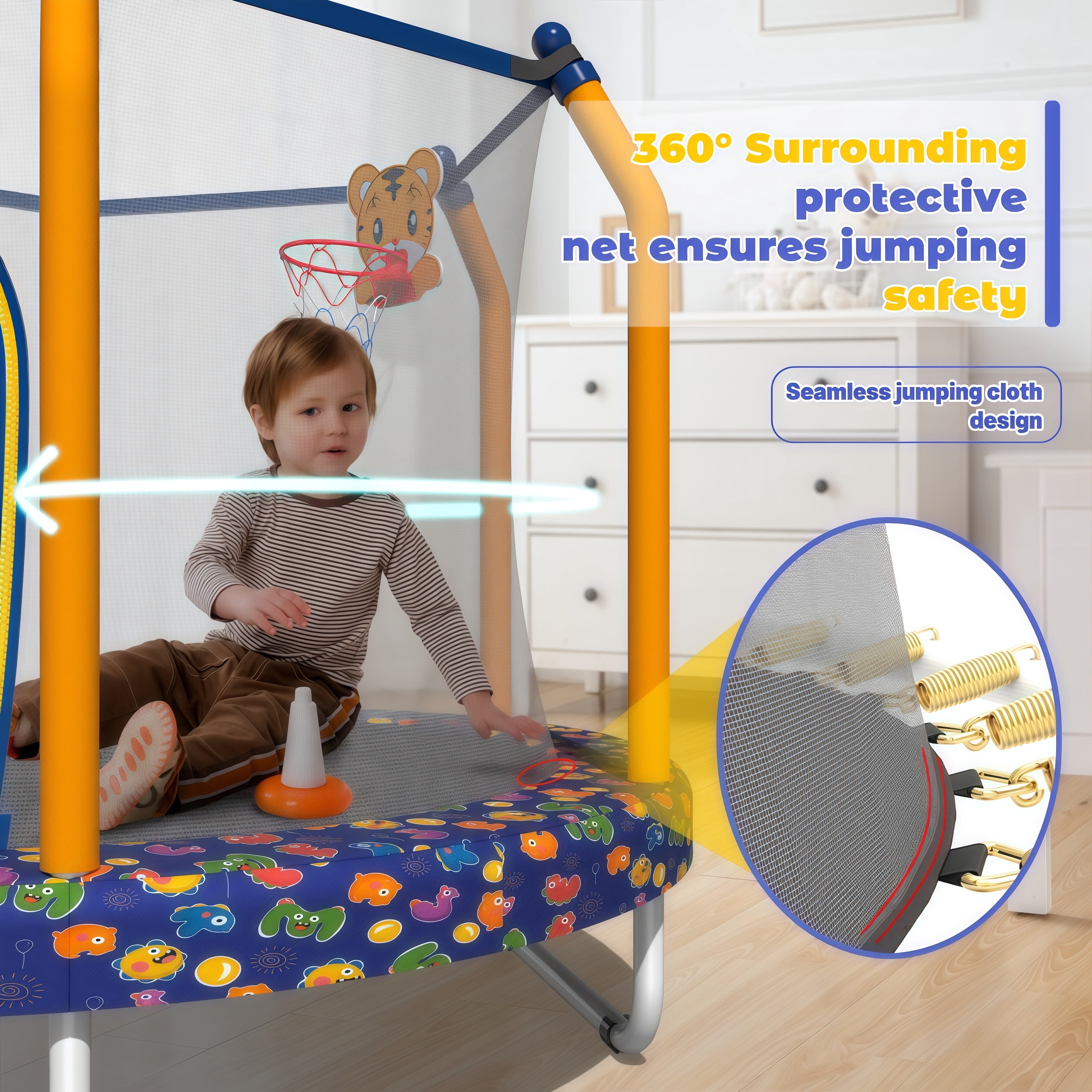 55 inch Round Kids Trampoline, Bouncing Trampoline with Safety Enclosure Net, Basketball Hoop, Capacity for Indoor & Outdoor Small Toddler Trampoline,Blue Marine