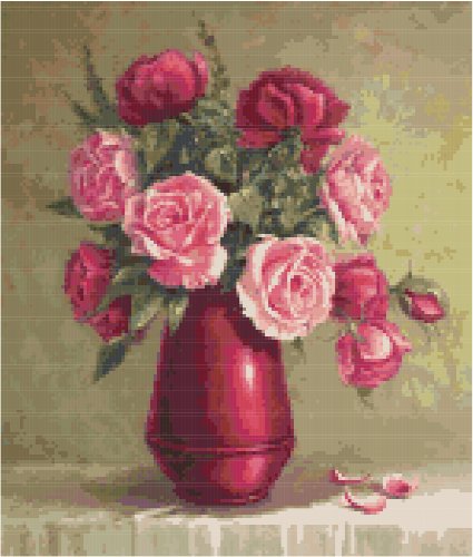 Red and Pink Roses in Vase Counted Cross Stitch Pattern 