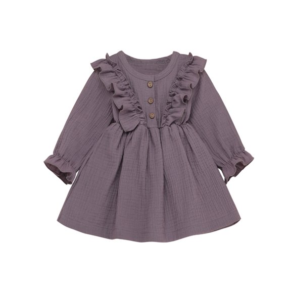 Canrulo Toddler Kids Baby Girls Solid Clothes Long Sleeve Dress Cotton Linen Dresses Purple 1-2 Years