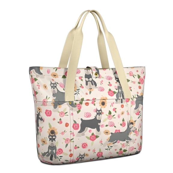 Tote Bag for Women - Schnauzer Dog and Flower Floral Shoulder Bag - Large Utility Work Duffle Bag with Zipper Handbag for Travel, Work, Sprots