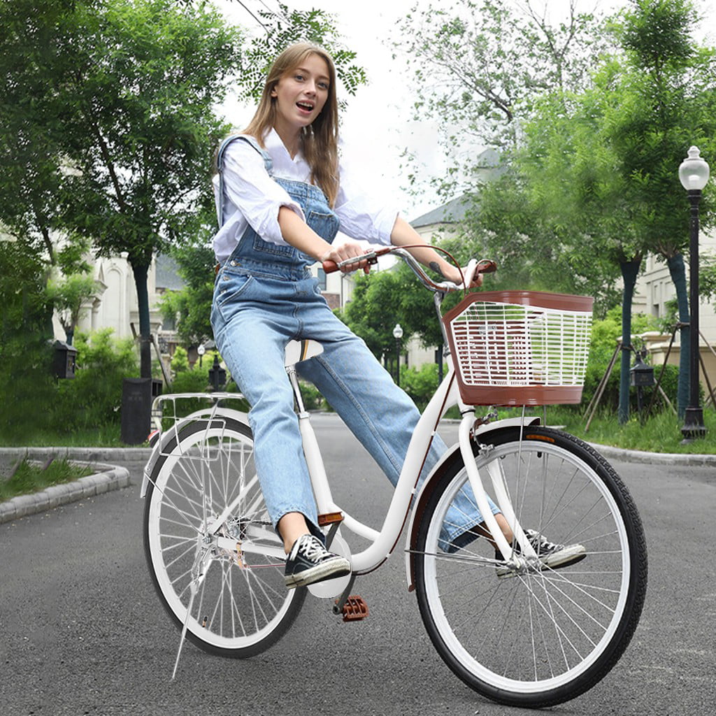 Womens Beach Cruiser Bike-26 Inch Unisex Classic Iron Bicycle with Basket Retro Bicycle Unique Art Deco Scooter,Road Bike,Seaside Travel Bicycle,Comfortable Commuter Bicycle【US Stock】 