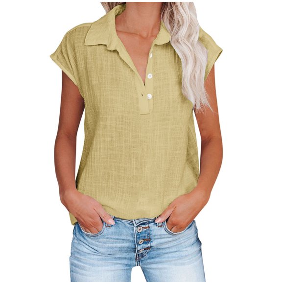 Kaemgyyd Beach Vaction Clothes for Women Lightweight Loose Fit Collar Shirts Fashion Cap Sleeve Button Cotton Linen Top Spring Blouses