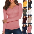 thumbnail image 2 of Women Spring T-Shirt Solid Color Ribbed Henley Neck Long Sleeve Slim-fitting Pullover for Girls Autumn, 2 of 6